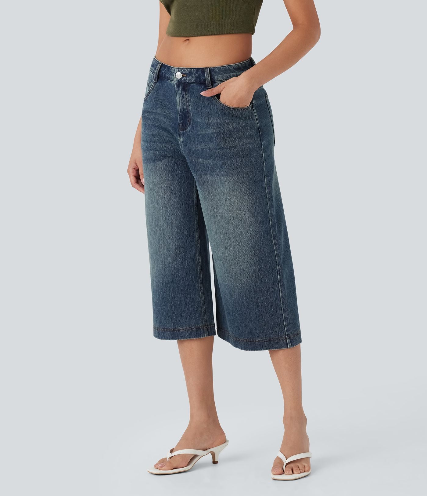 Jean capri décontracté Halara Flex™ baggy taille basse en maille extensible délavée avec poches