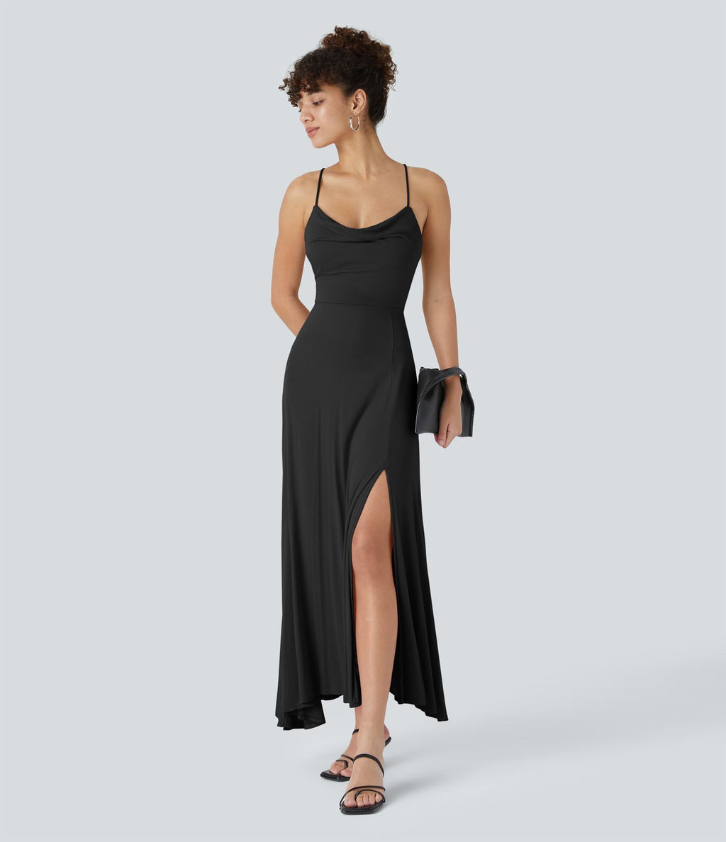 Robe Soirée Midi Encolure Côtelée Dos Nu Lacets Croisés Fendue