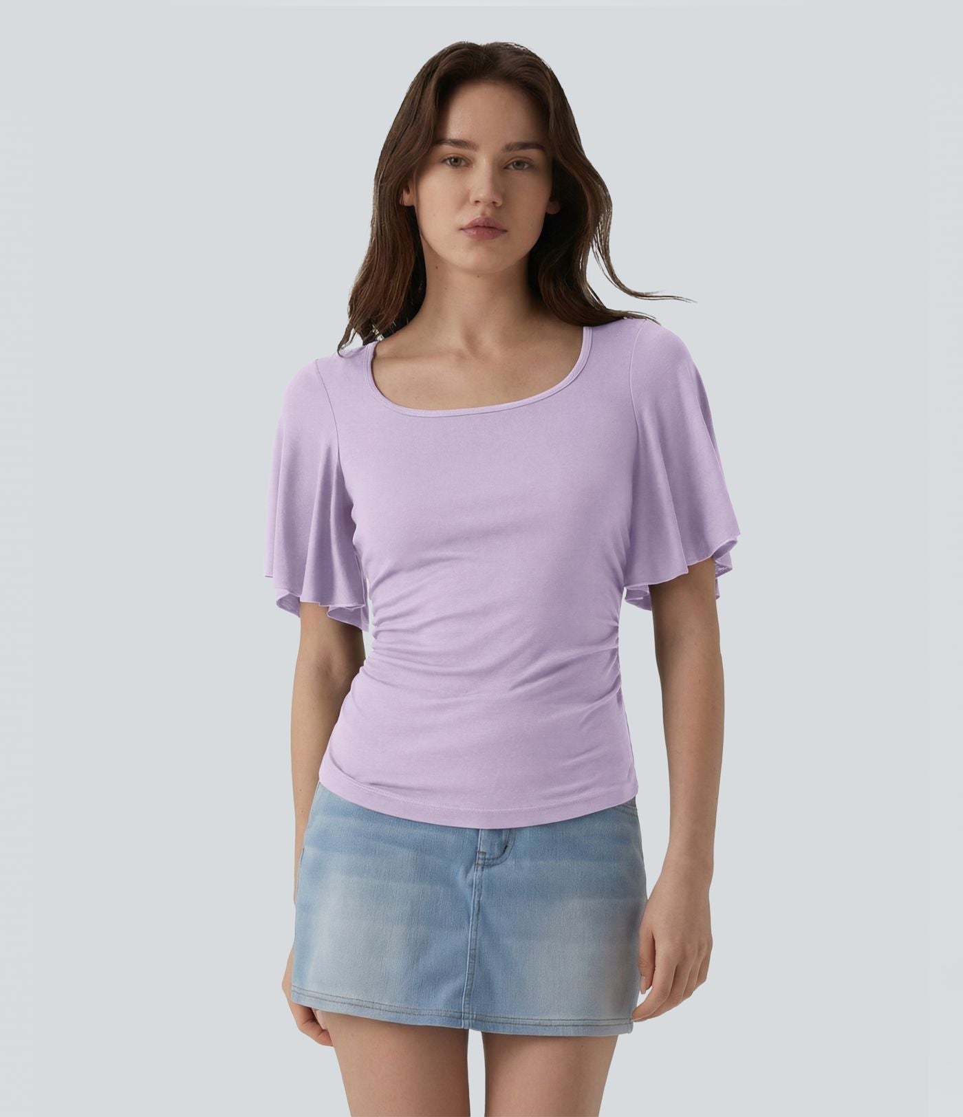 T-shirt décontracté maille côtelée col carré manches papillon froncé