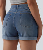 Short denim décontracté Halara Flex™ asymétrique délavé taille haute ourlet roulotté avec poches