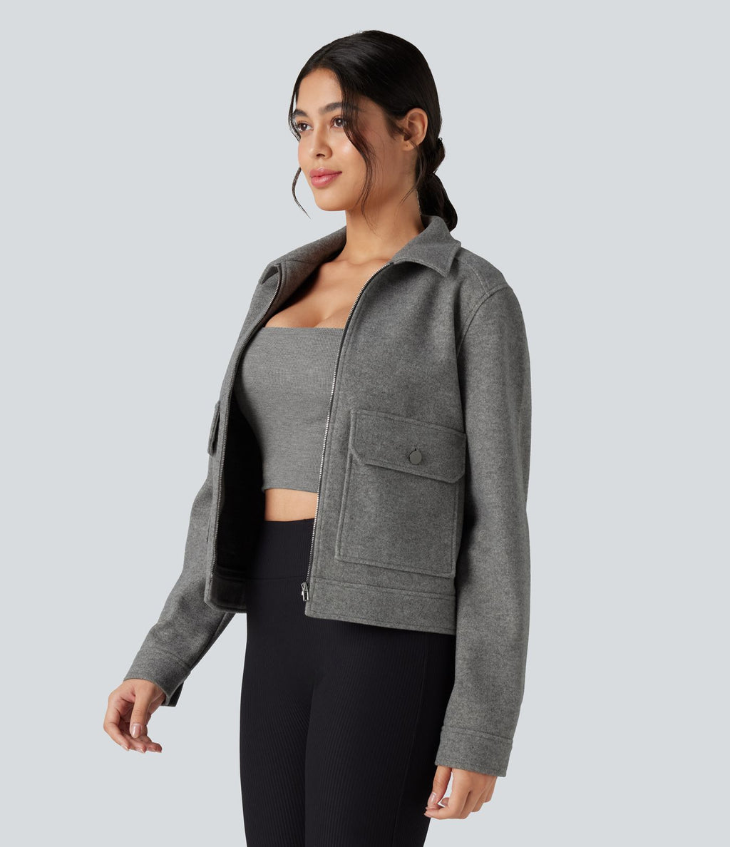Veste polaire col chemise fermeture éclair manches longues avec poches