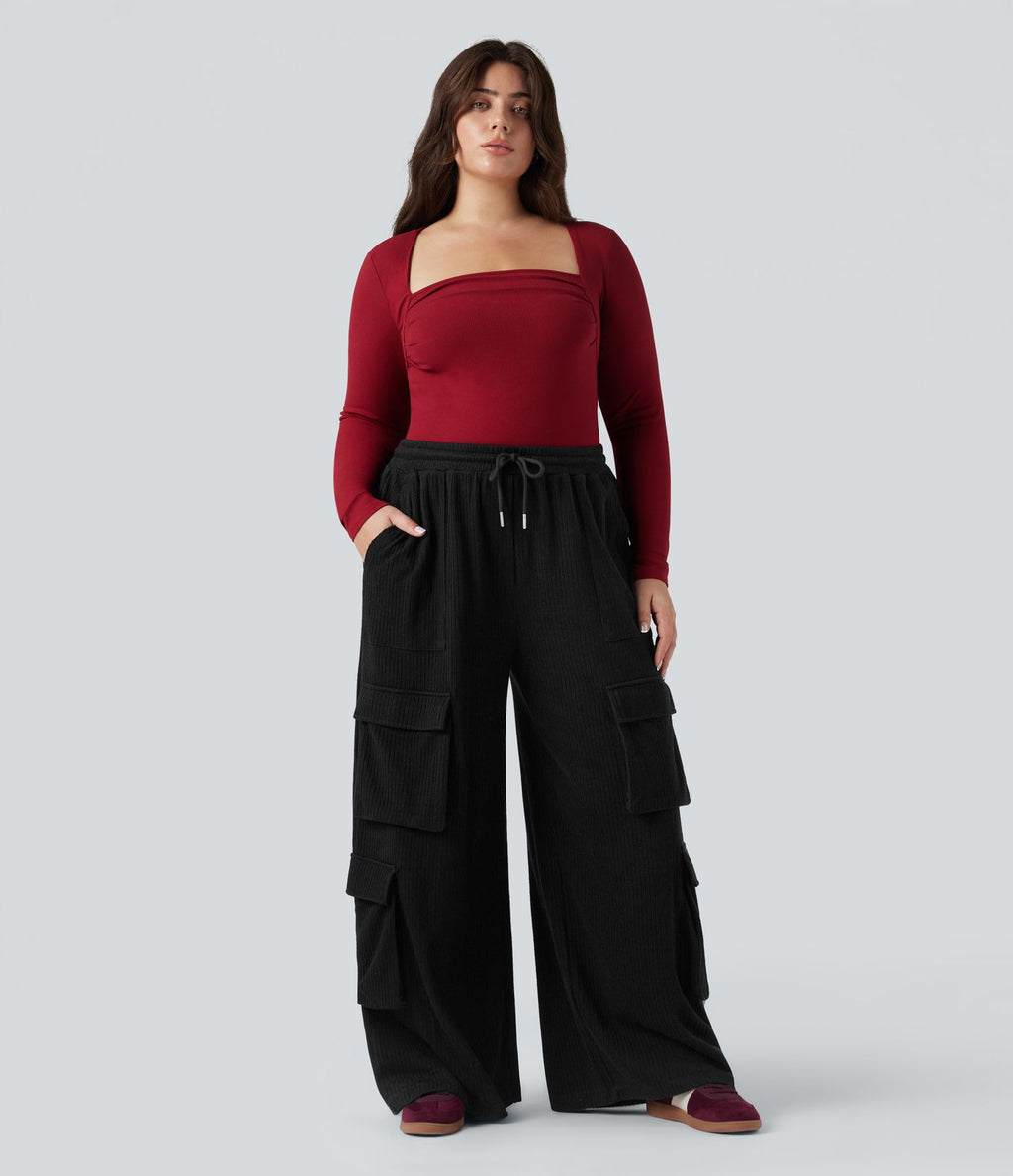 Pantalon cargo décontracté grande taille, ample, côtelé, taille mi-haute, à cordon, avec poches