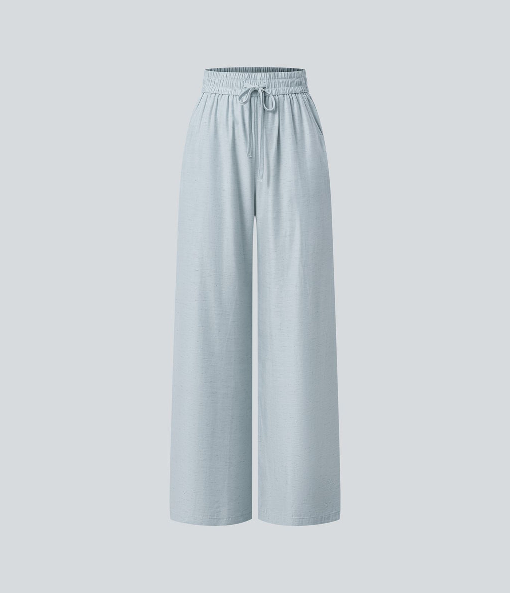 Pantalon casual large fluide mélange lin taille haute avec cordon de serrage et poches