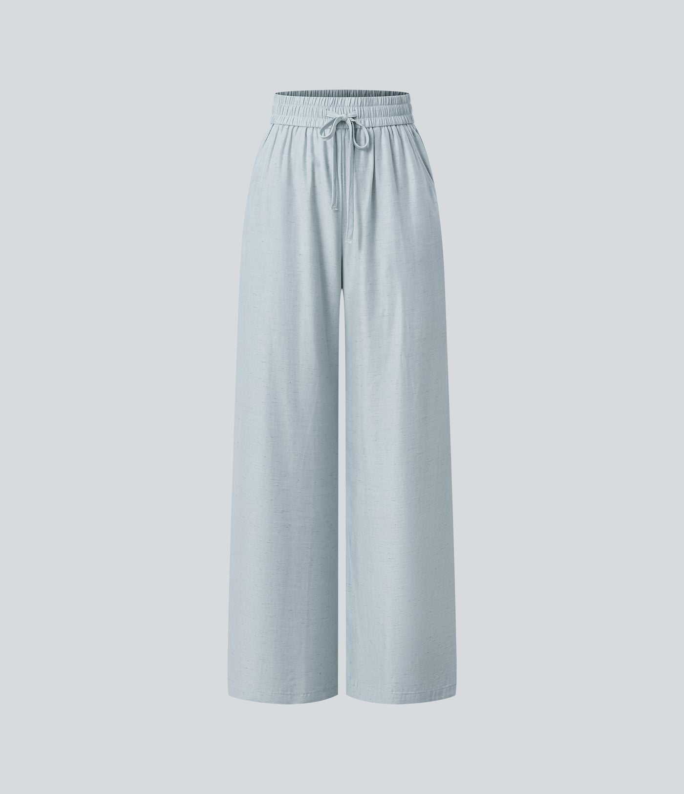 Pantalon casual large fluide mélange lin taille haute avec cordon de serrage et poches