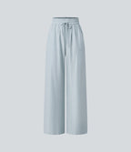 Pantalon casual large mélange lin taille haute avec cordon de serrage et poches
