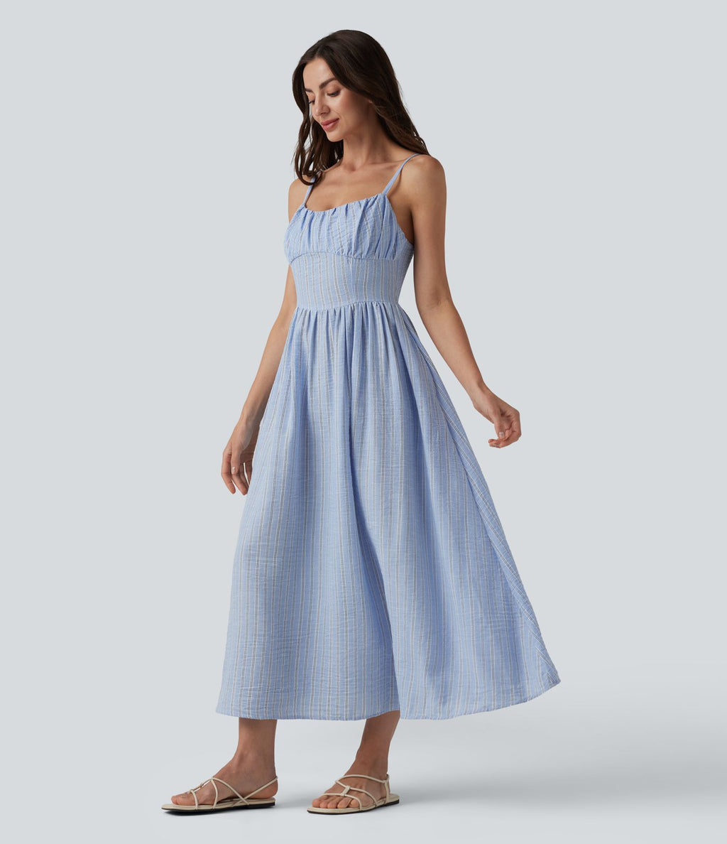Robe nuisette midi fluide décontractée à rayures style corset lacé avec poches