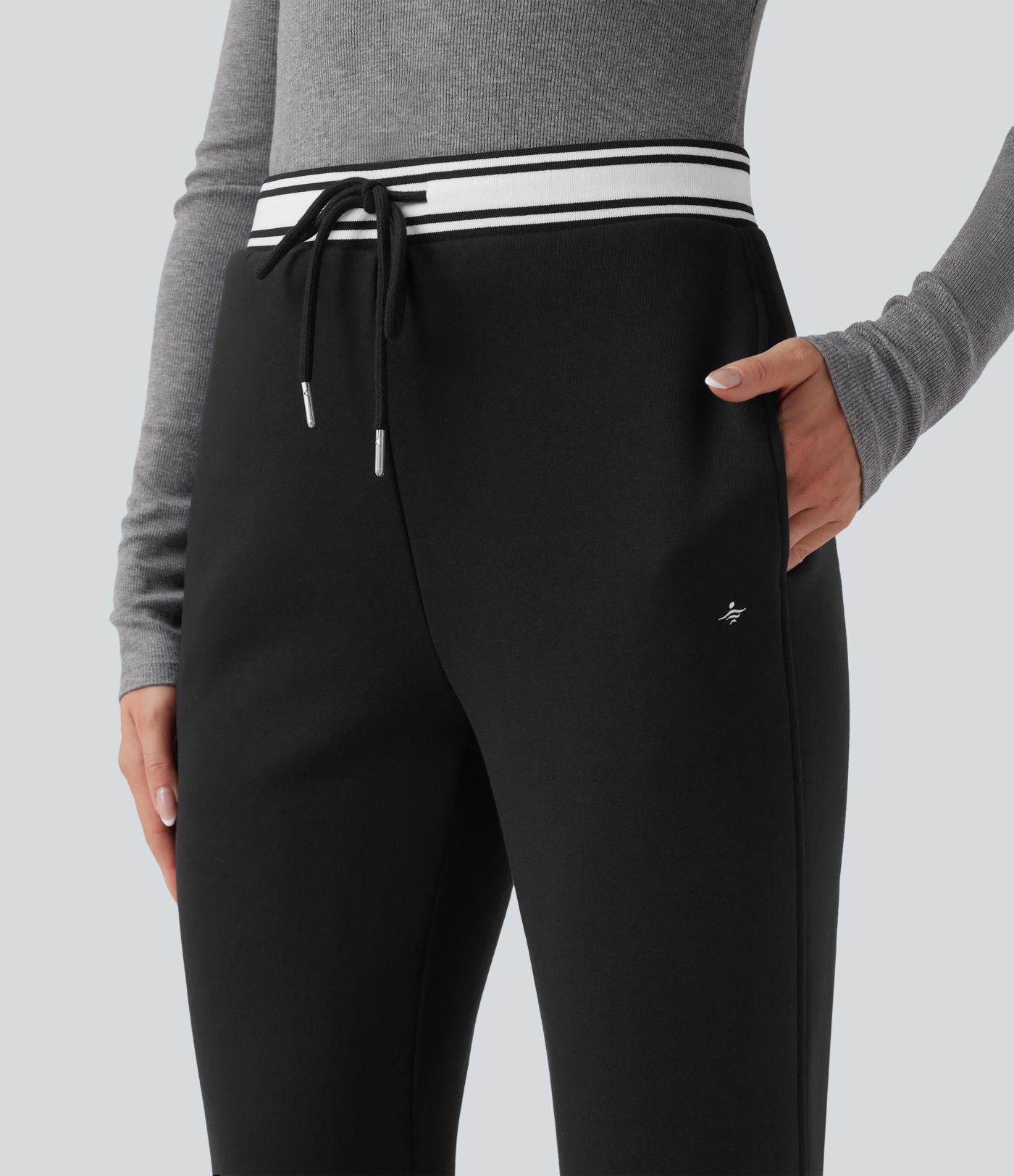 Pantalon jogging évasé molleton coton taille haute avec cordon de serrage, poches, empiècements contrastés et ourlet fend