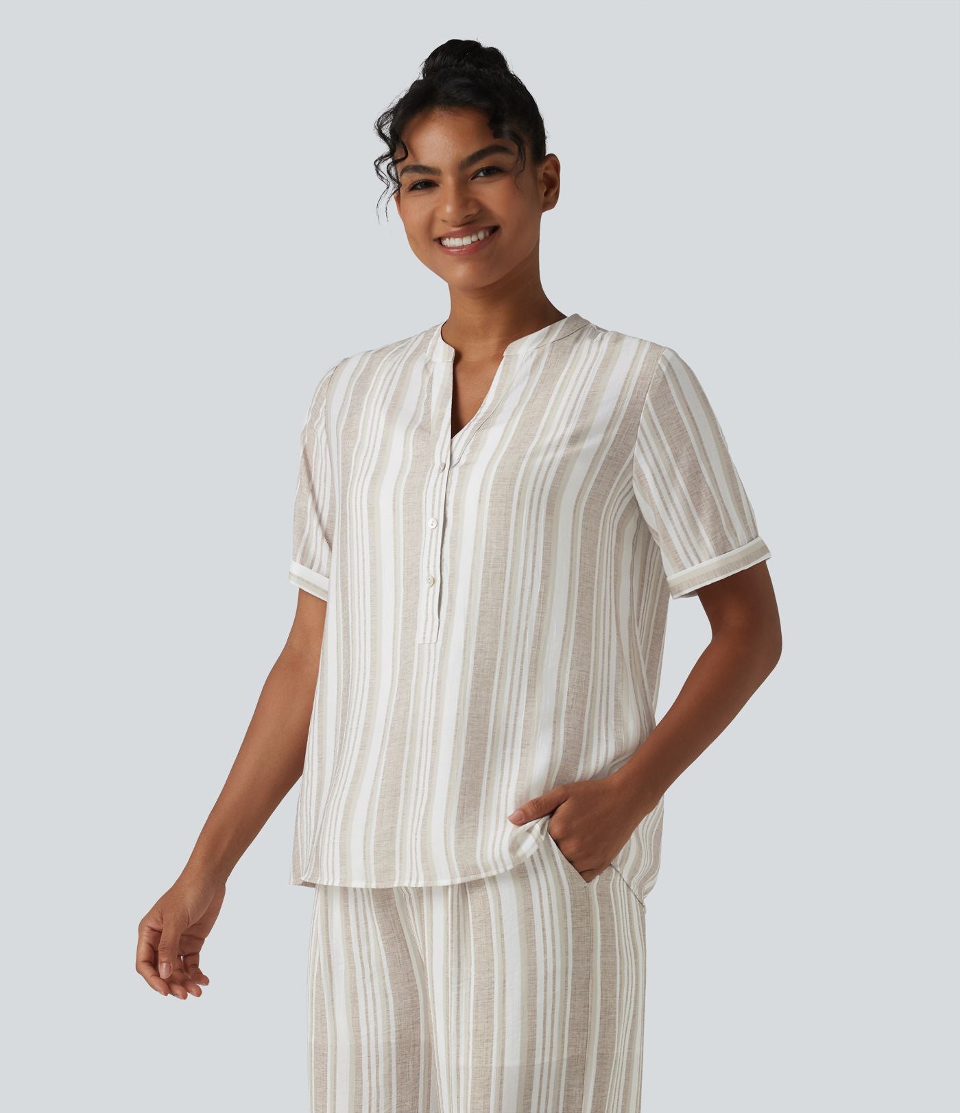 Blouse décontractée col V manches courtes à rayures