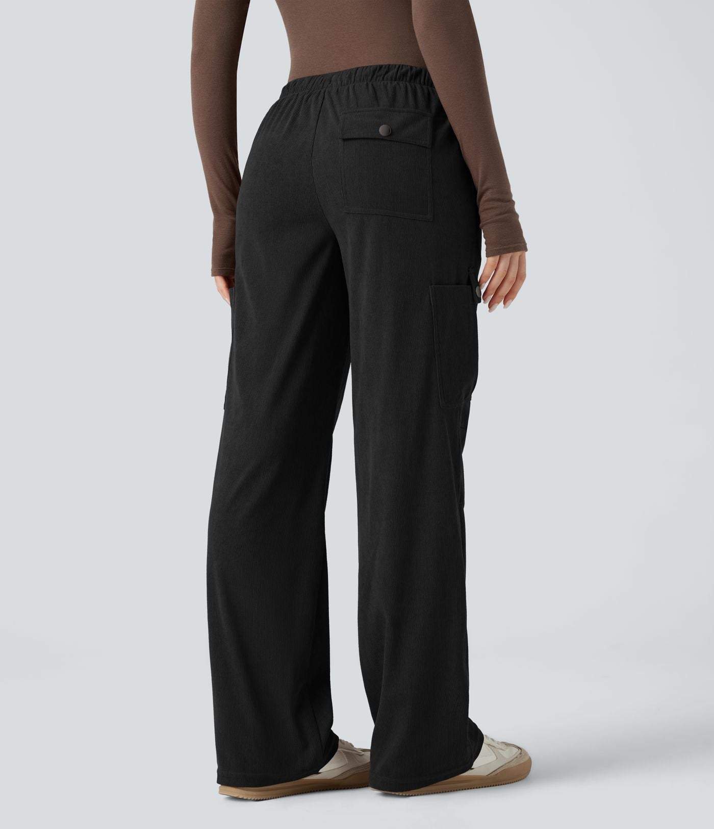 Pantalon jogging cargo velours côtelé coupe droite taille mi-haute avec cordon de serrage et poches