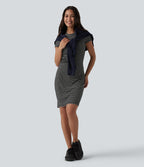 Robe courte moulante casual col rond manches courtes à rayures avec brassière intégrée