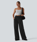 Pantalon large taille haute en tissu froissé froncé séchage rapide avec poches