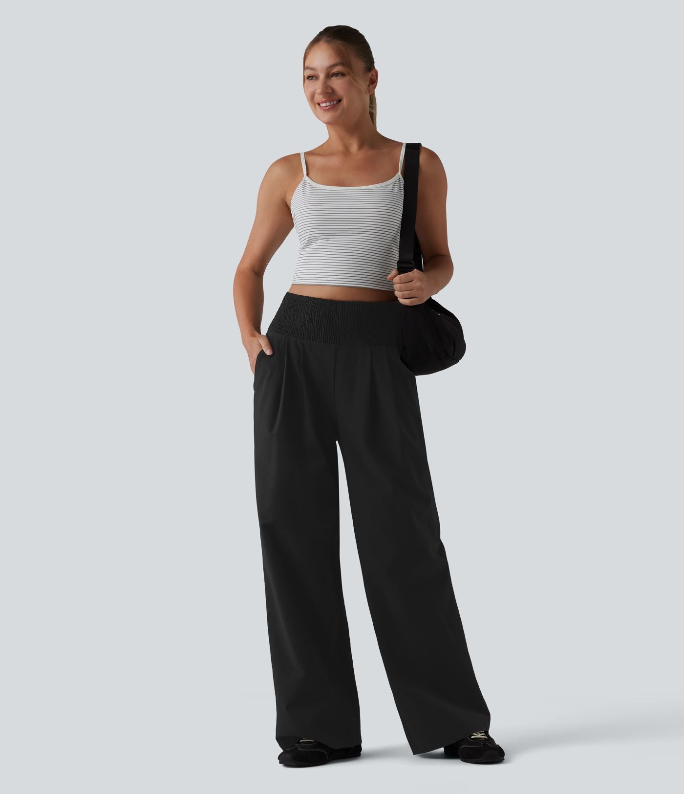 Pantalon large taille haute en tissu froissé froncé séchage rapide avec poches