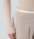 Pantalon décontracté jambe large bicolore double épaisseur, taille basse avec poches latérales