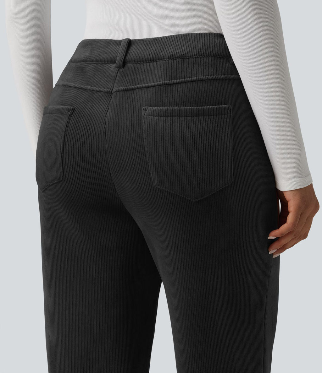 Pantalon droit casual en velours côtelé molletonné taille mi-haute avec poches