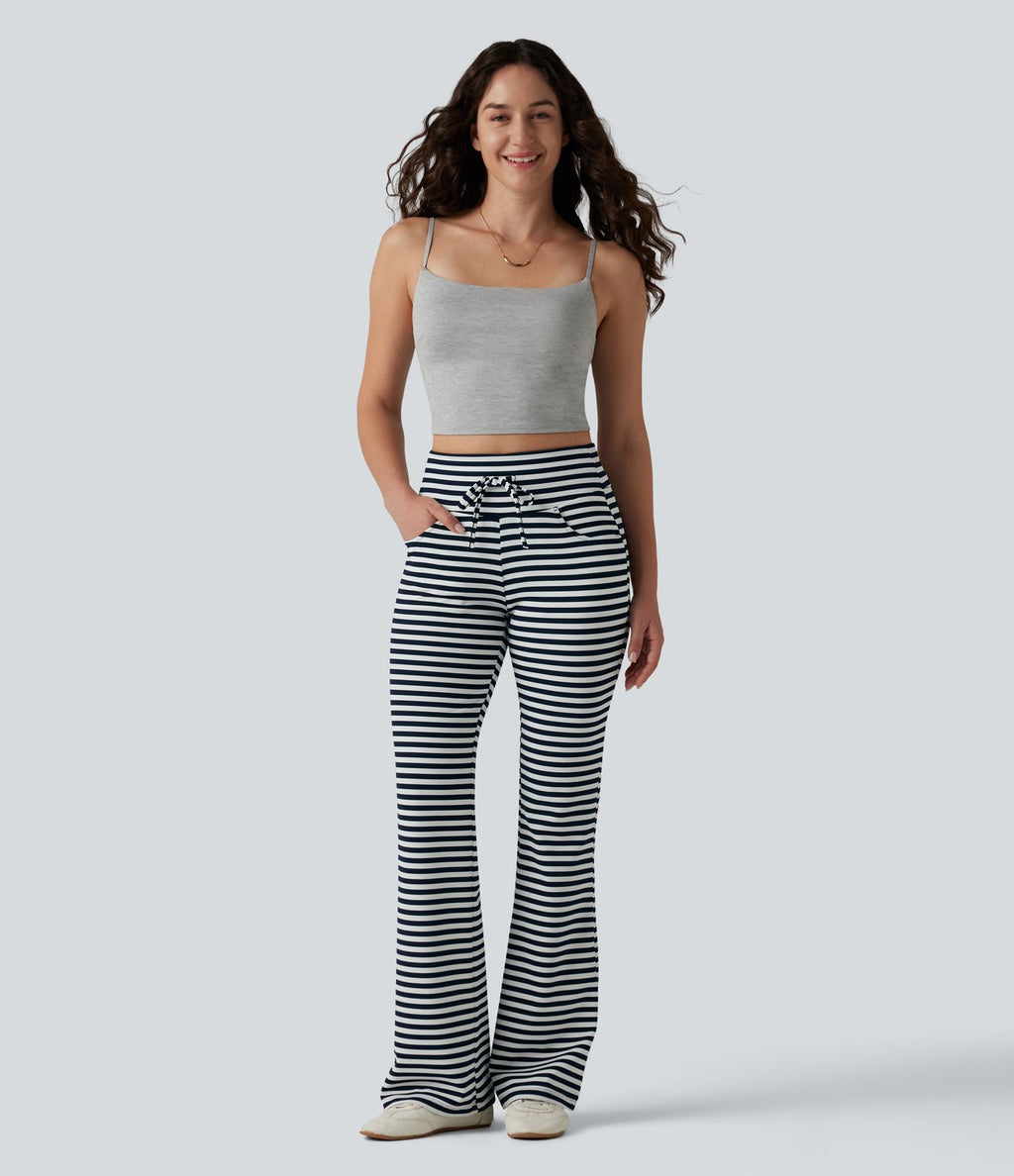 Pantalon évasé décontracté taille haute gainant à rayures en tissu gaufré avec cordon de serrage et poches