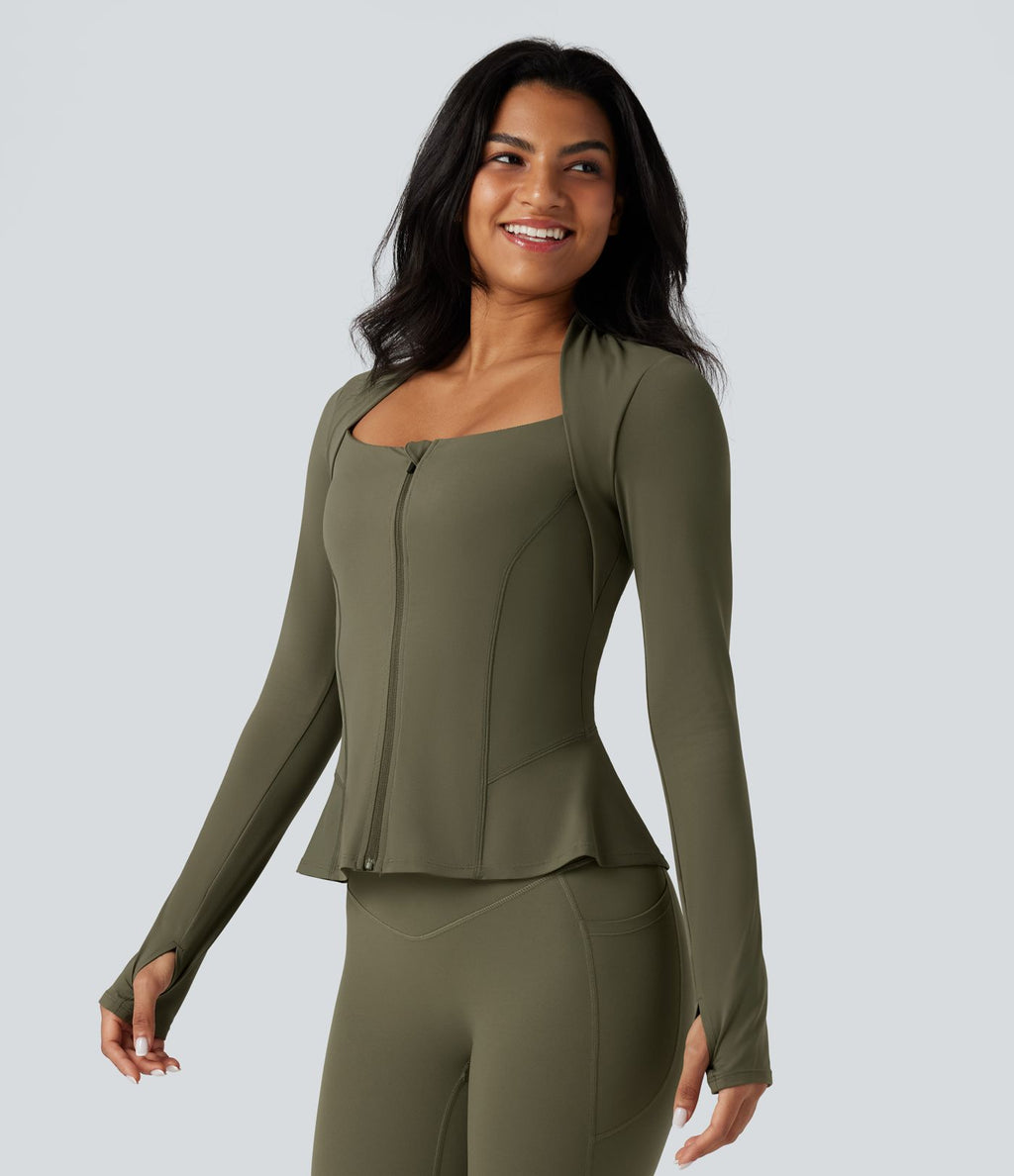 Veste yoga push-up zippée à manches longues avec passants pouces et ourlet à volants Halara UltraSculpt™
