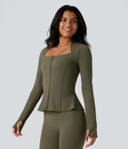 Veste yoga push-up zippée à manches longues avec passants pouces et ourlet à volants Halara UltraSculpt™