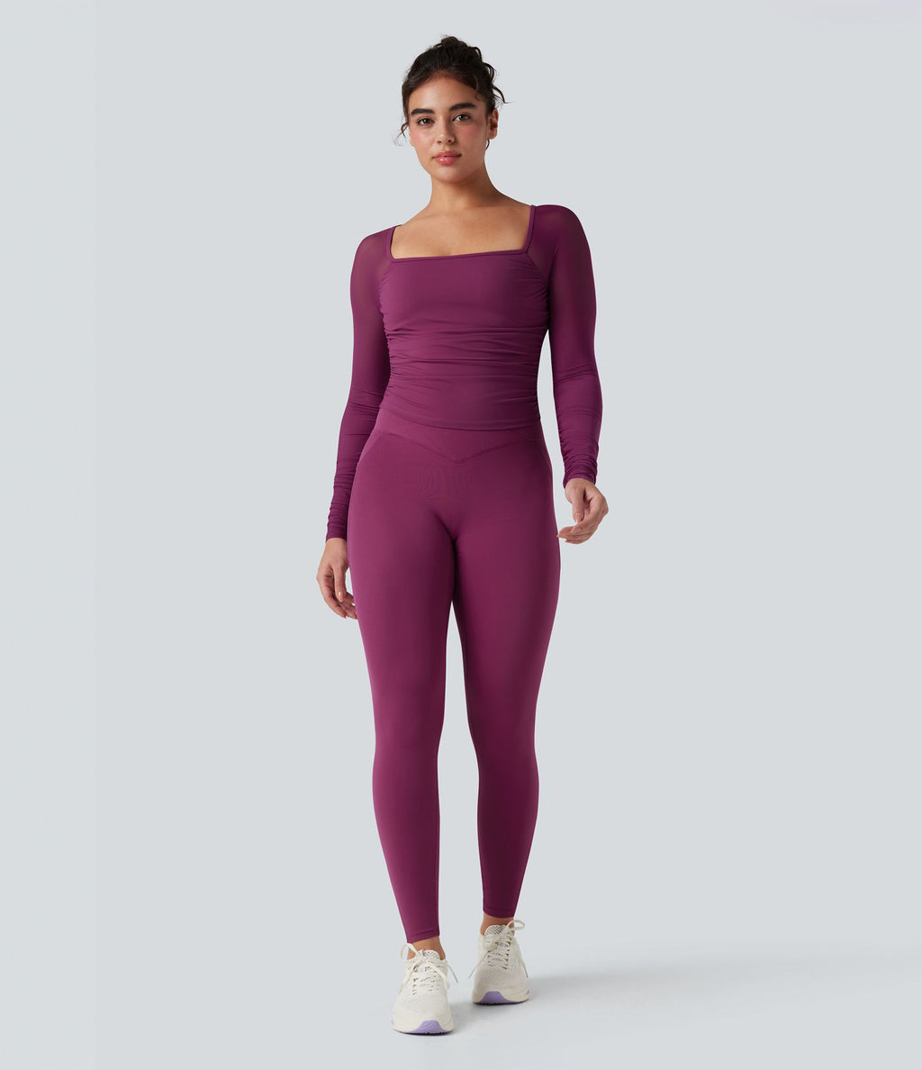 Top de sport yoga SoftlyZero™ Plush froncé mesh contrastant col carré manches longues