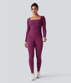 Top de sport yoga SoftlyZero™ Plush froncé mesh contrastant col carré manches longues