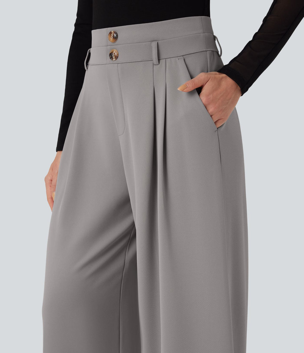 Pantalon de travail en crêpe à taille haute et jambes larges avec double ceinture et poches Halara Flex™