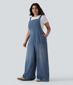Grande taille Halara Flex™ Salopette casual en jean délavé col carré avec poches