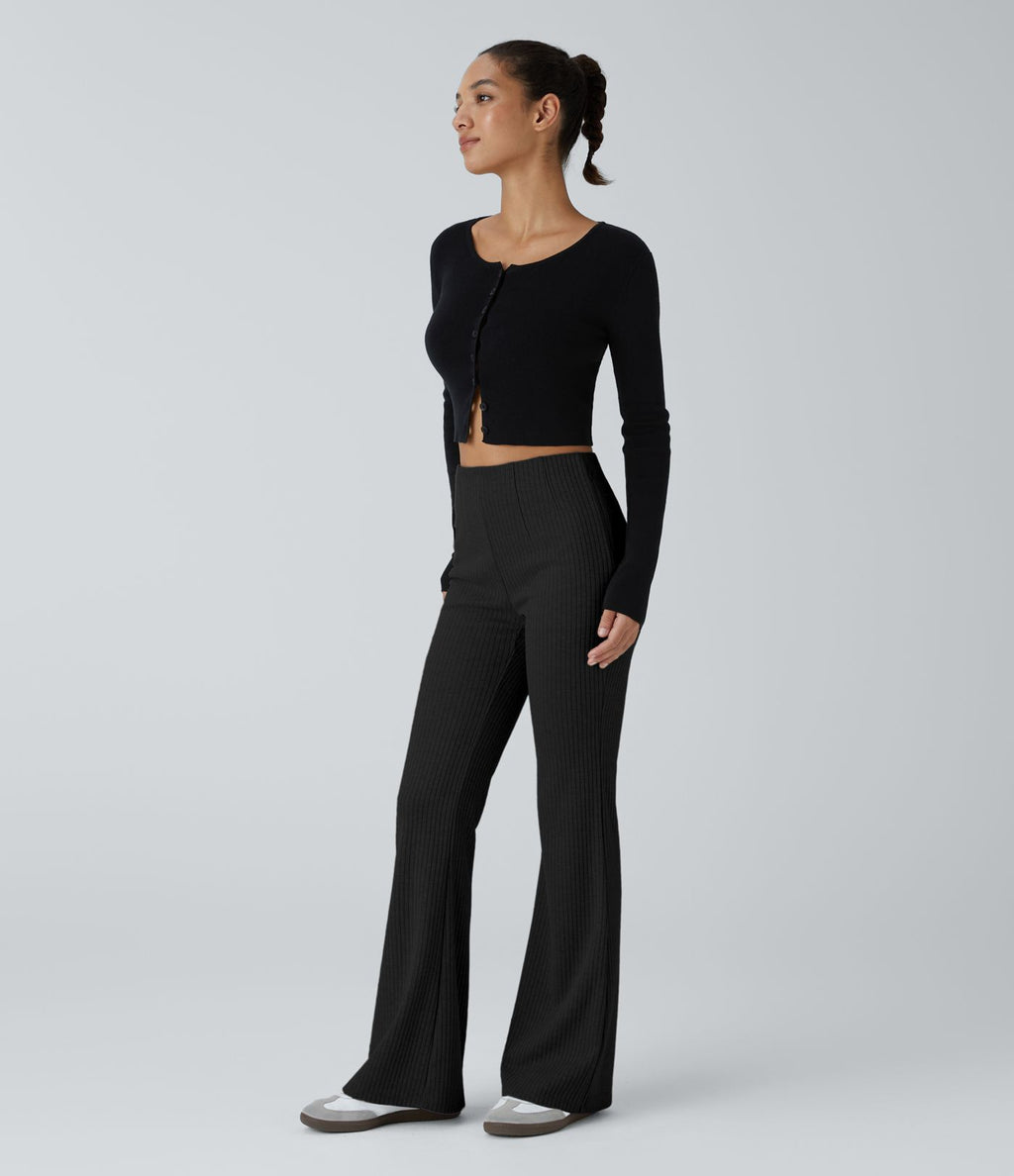 Pantalon décontracté évasé en maille côtelée à taille haute et poches zippées latérales