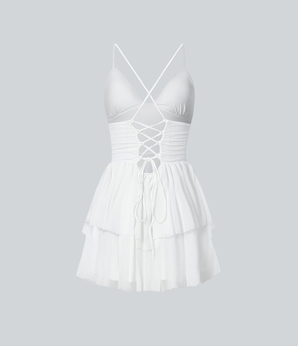 Robe Soirée Mini Superpositions en Maille avec Dos Nu Croisé Lacets