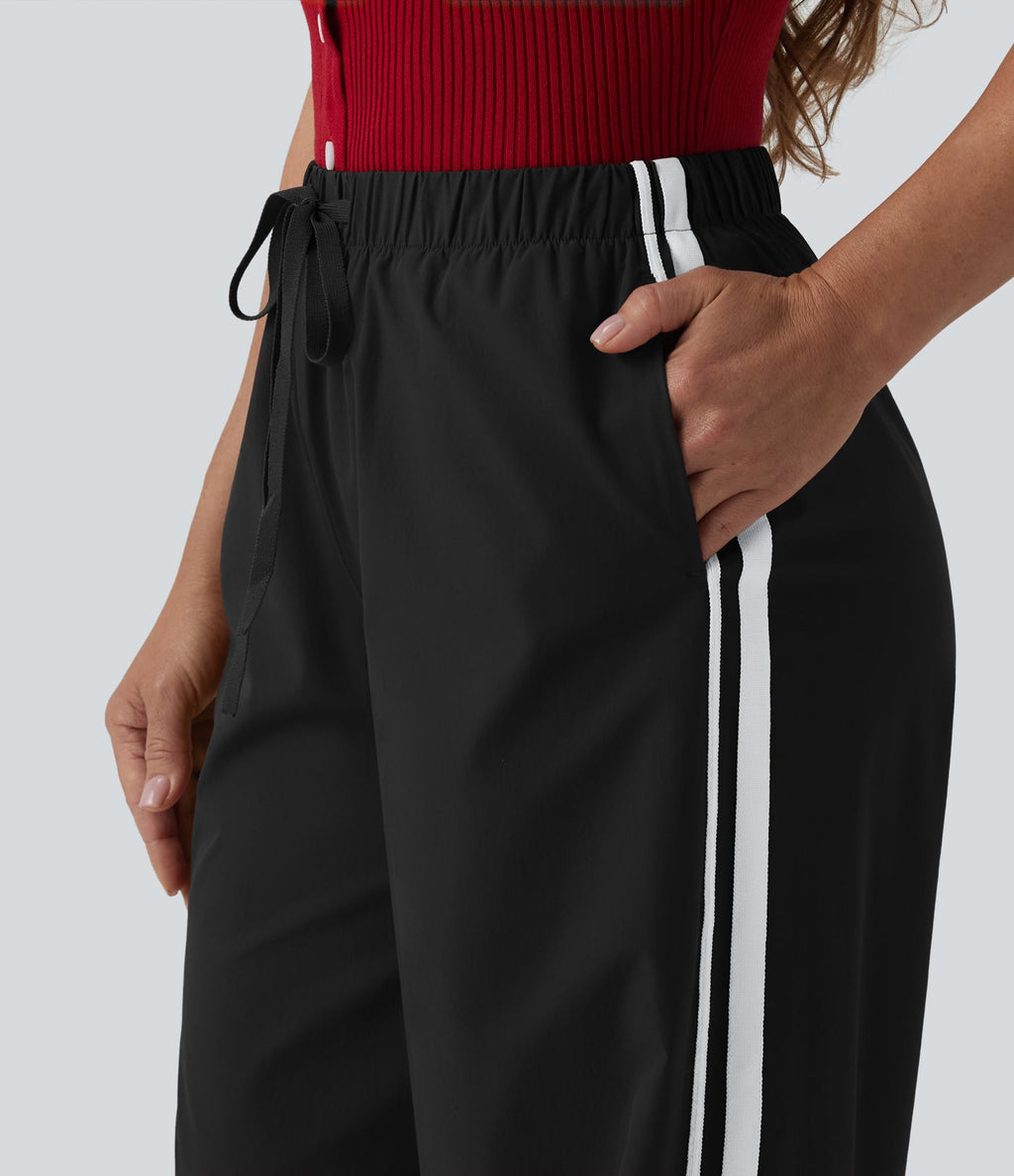 Pantalon large décontracté rayé taille haute avec cordon de serrage avec poches