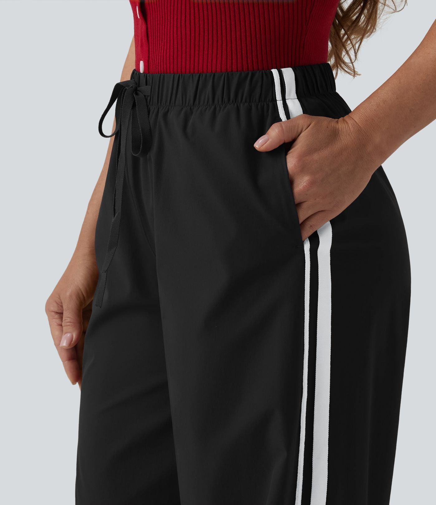 Pantalon large décontracté rayé taille haute avec cordon de serrage avec poches