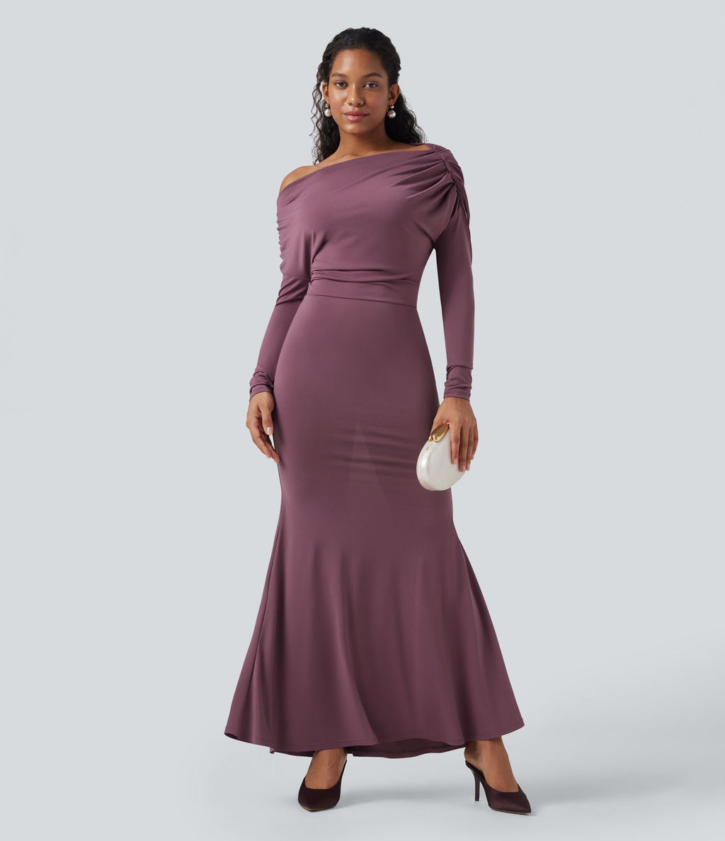 Robe sirène longue à manches longues, épaules dénudées