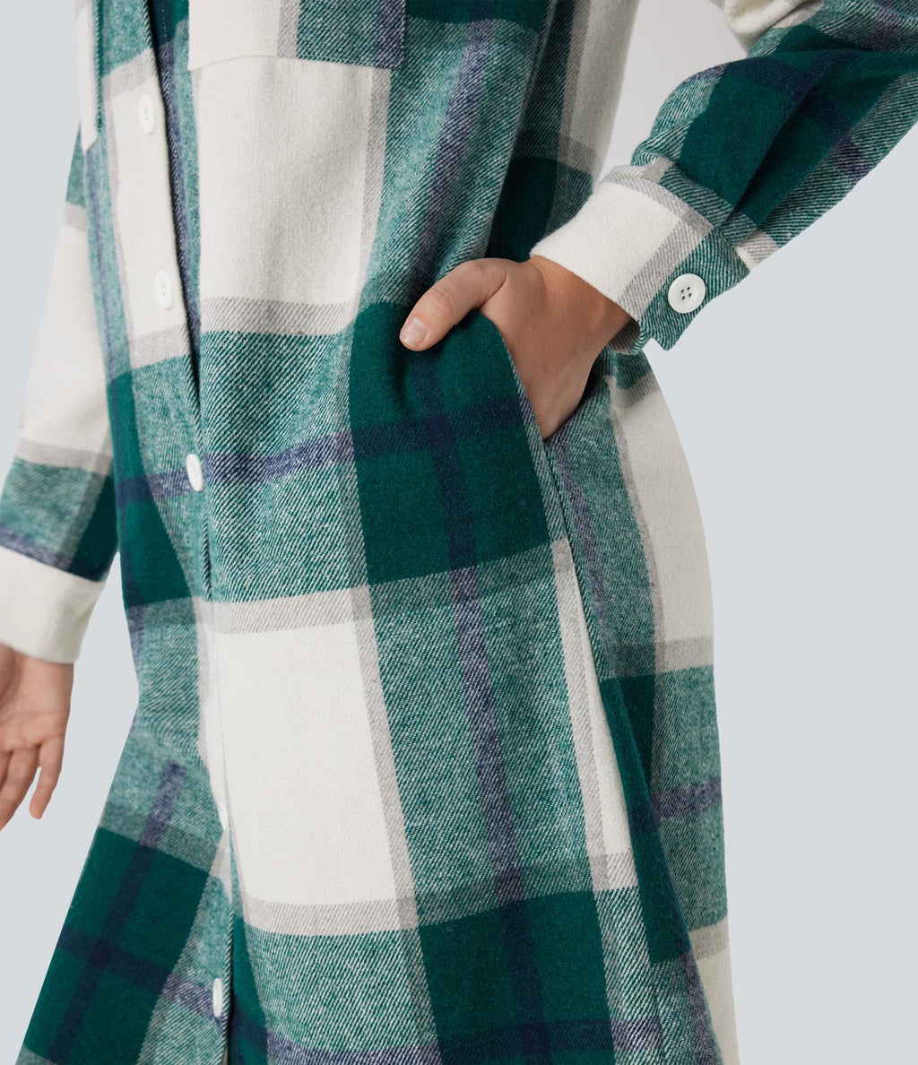 Veste décontractée longue à motif écossais avec ourlet arrondi et poches