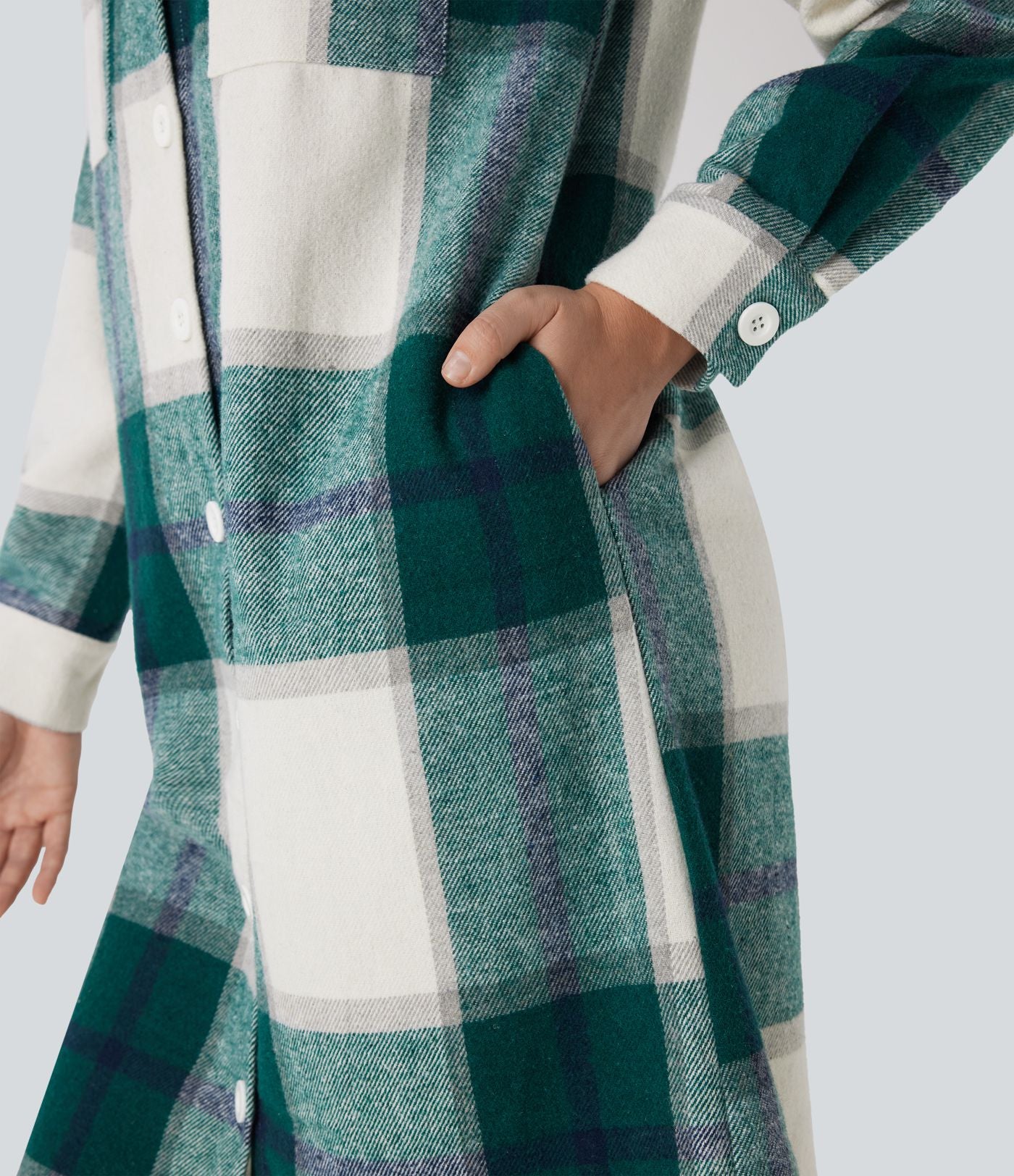 Veste décontractée longue à motif écossais avec ourlet arrondi et poches