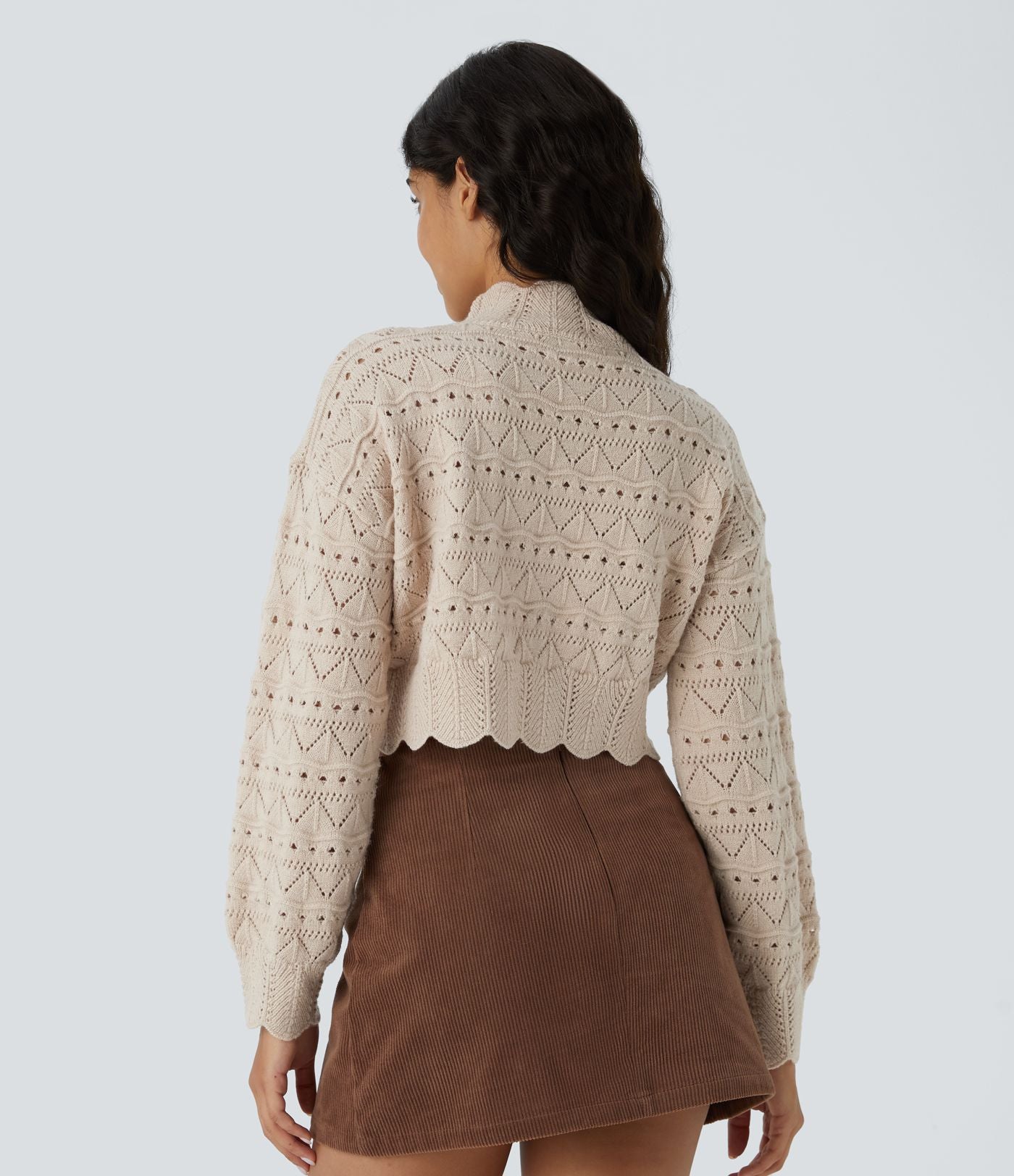 Pull décontracté à col montant, manches évêque, ourlet festonné et maille ajourée