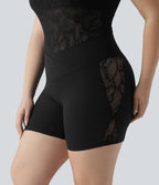 Grande taille SoftlyZero™ Cycliste de yoga taille haute croisée 12,5 cm avec dentelle contrastée, poche et protection UPF 50+