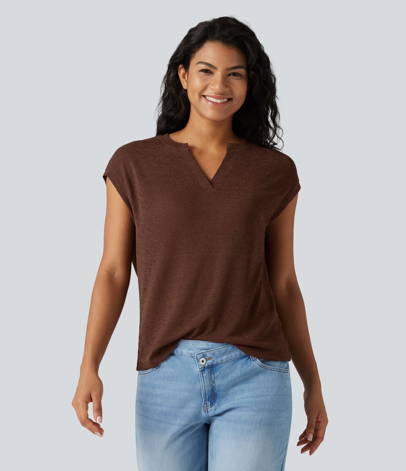 T-shirt décontracté semi-transparent col cranté manches courtes