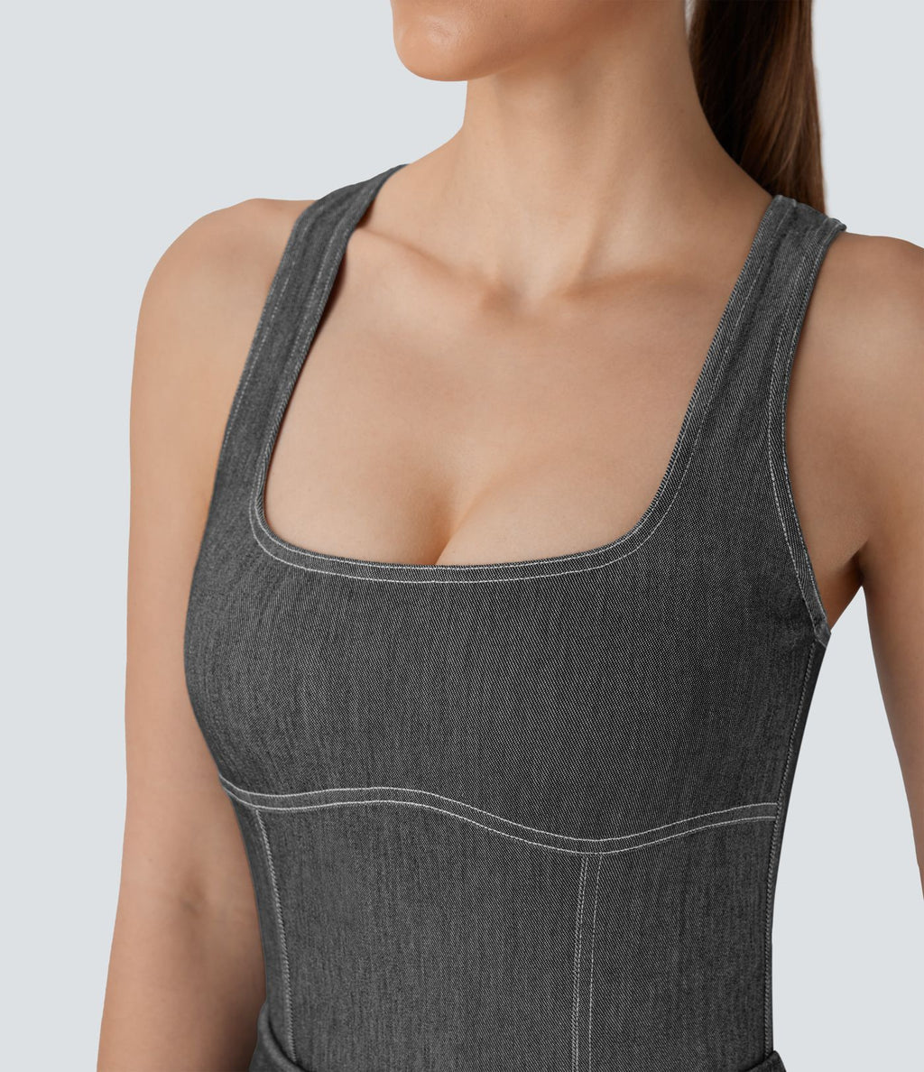 Body de tennis Halara Flex™ en denim stretch délavé à col carré, dos nageur et effet frais InstantCool