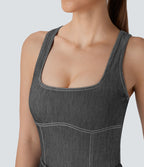 Body de tennis Halara Flex™ en denim stretch délavé à col carré, dos nageur et effet frais InstantCool