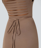 Robe Casual Midi 2 Pièces Capuche Col Montant Sans Manches Fendue avec Découpe Dos Nœud Côtelée