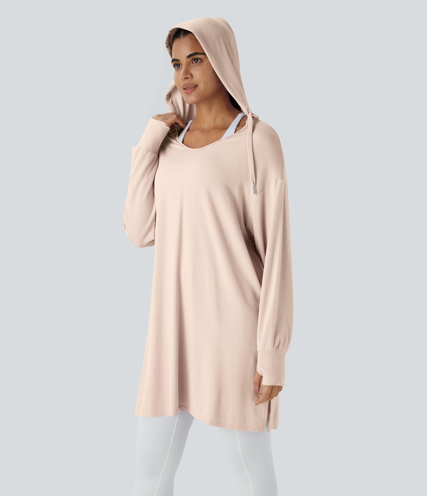 Sweatshirt Casual à Capuche Encolure en V Cordon de Serrage Trou pour le Pouce Fente et Coupe Longue