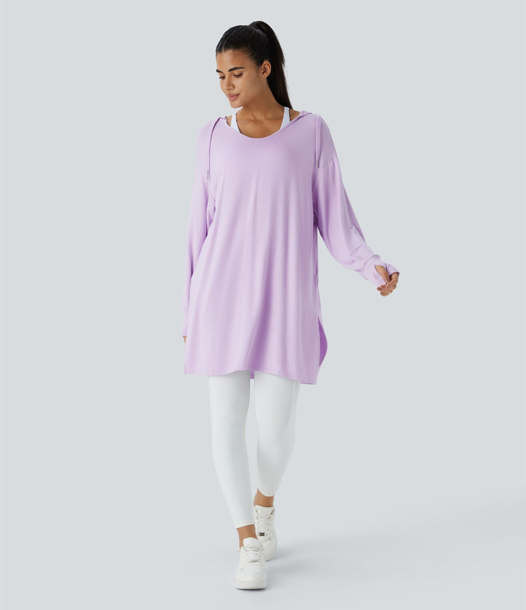 Sweatshirt Casual à Capuche Encolure en V Cordon de Serrage Trou pour le Pouce Fente et Coupe Longue