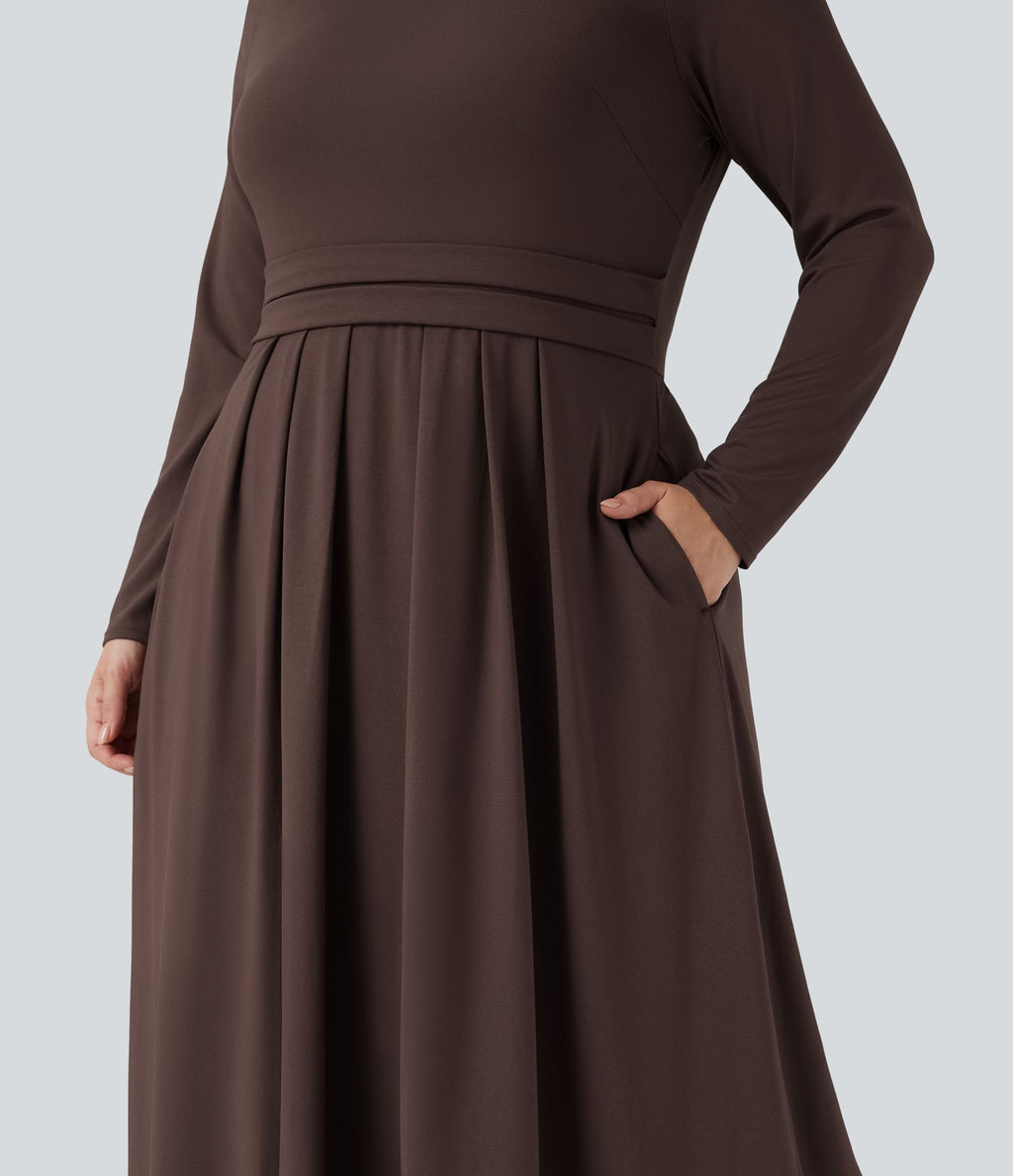 Robe décontractée maxi évasée grande taille col montant manches longues avec poches