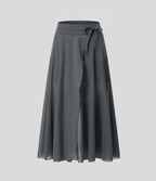 Jupe Casual Évasée Mesh Mi-Longue Fuide 2 en 1 Contrastée Taille Haute Cordon Poche Latérale