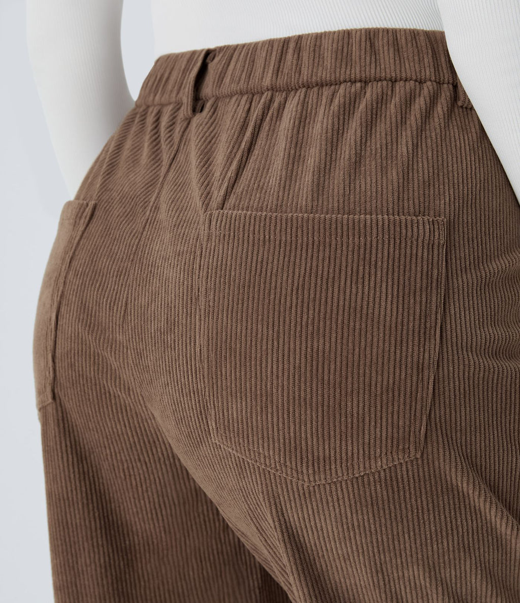 Pantalon décontracté en velours côtelé avec taille mi-haute, boutons et fermeture éclair