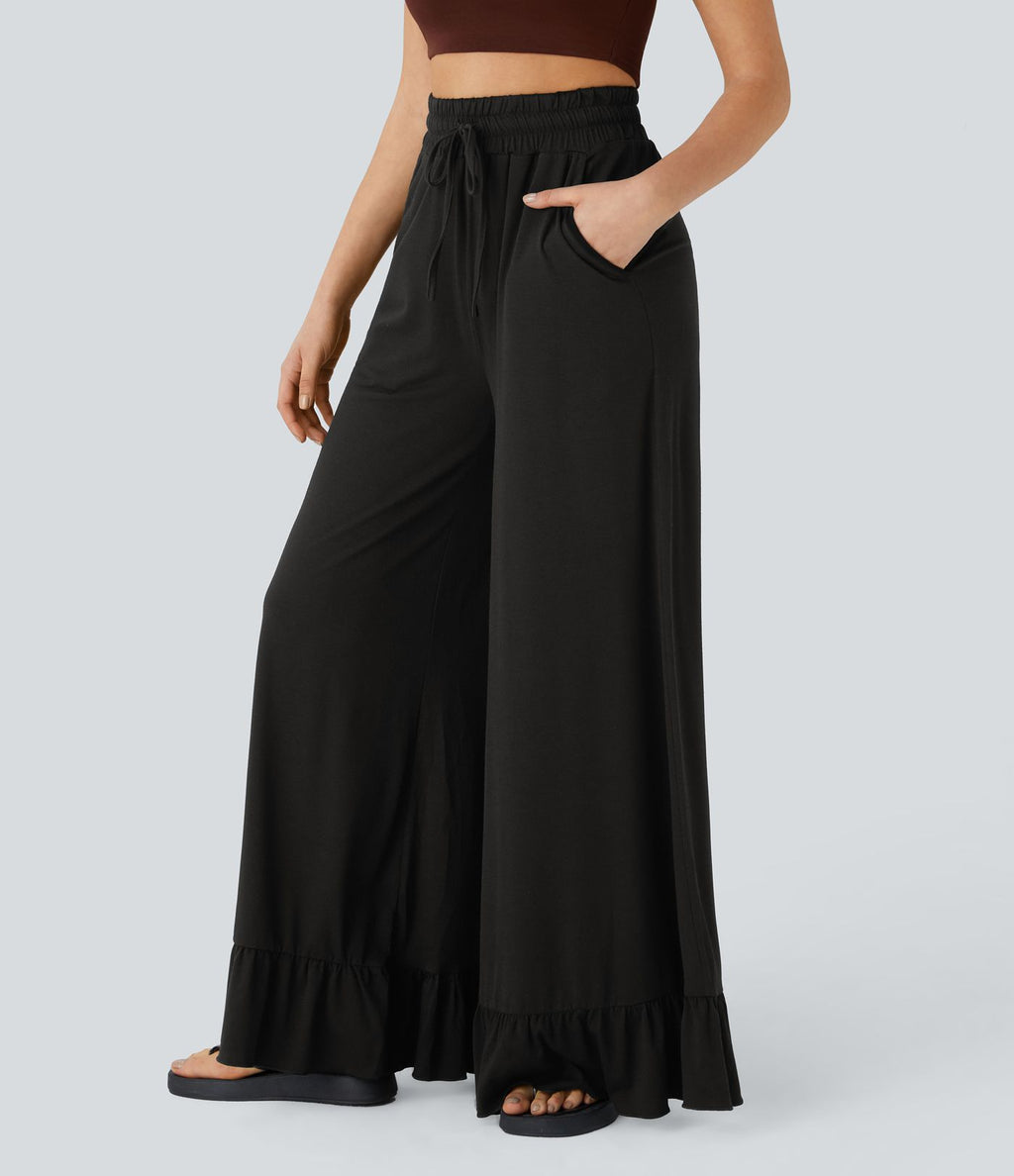 Pantalon Casual à Taille Haute avec Cordon De Serrage Poches Latérales et Volants Jambes Amples
