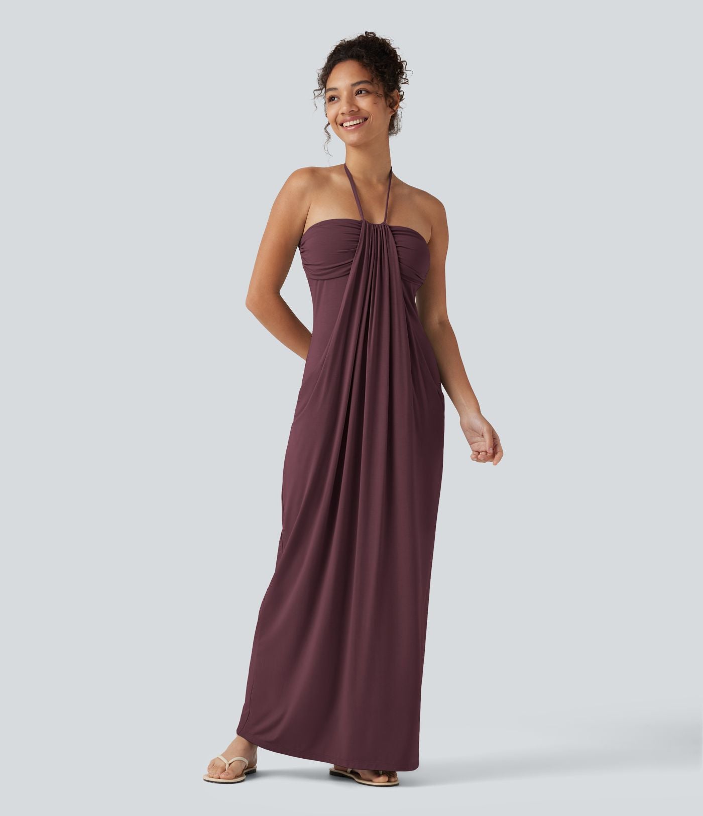 Robe longue dos nu à nouer avec soutien-gorge intégré et poches