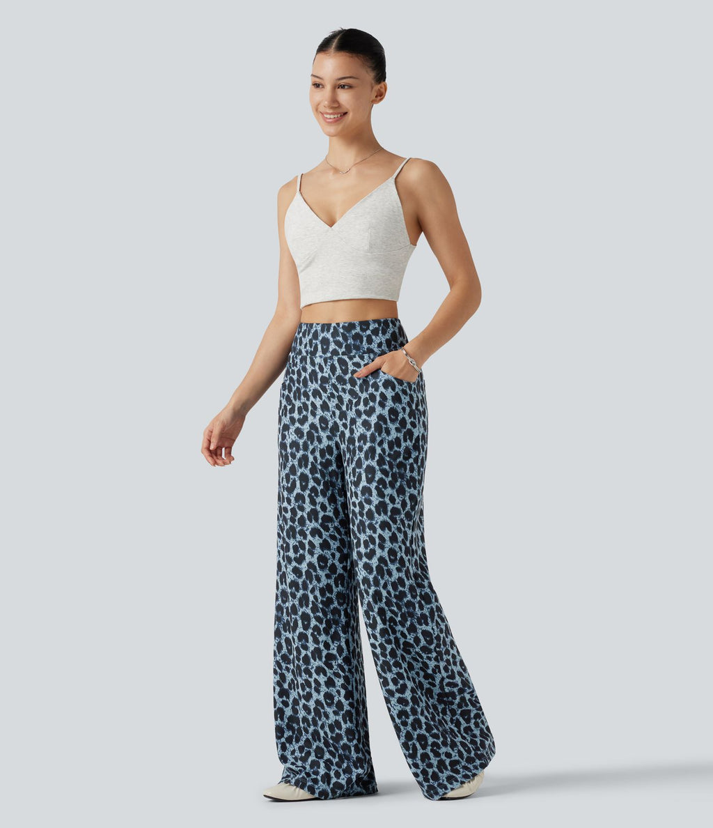Pantalon large décontracté taille haute gaufré imprimé léopard avec poches