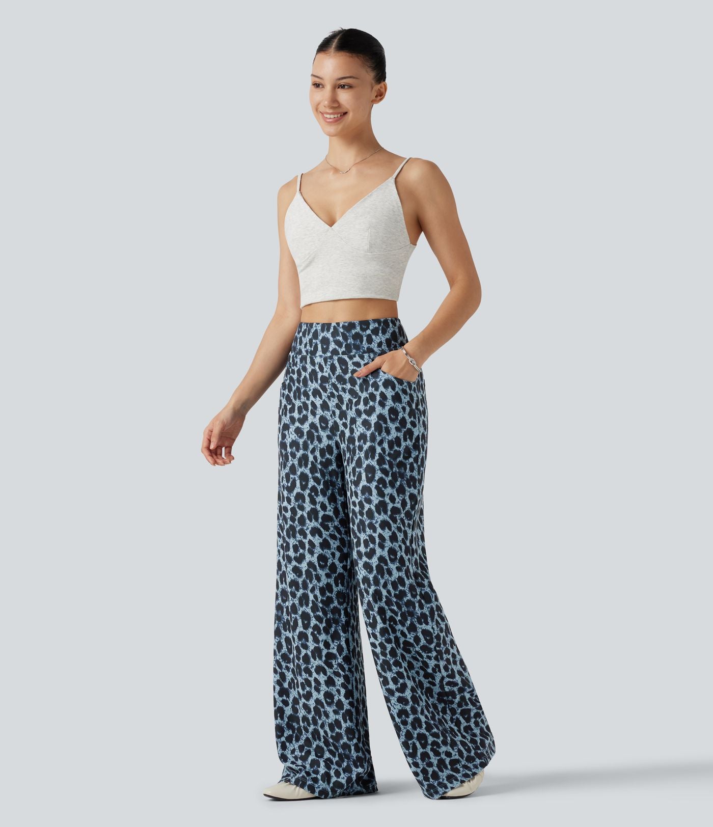 Pantalon large décontracté taille haute gaufré imprimé léopard avec poches