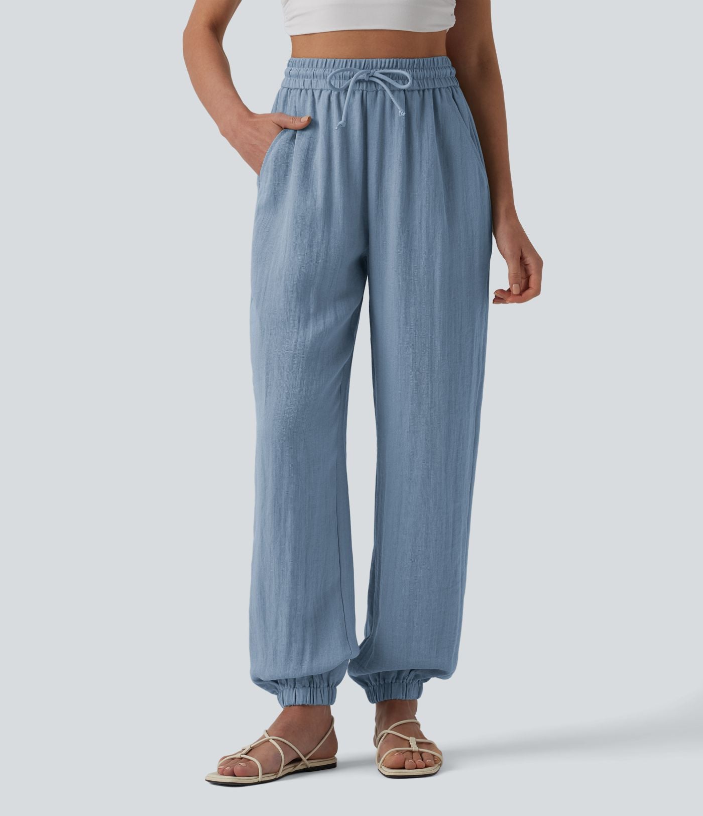 Jogging casual large ample taille haute aspect lin à cordon de serrage avec poches