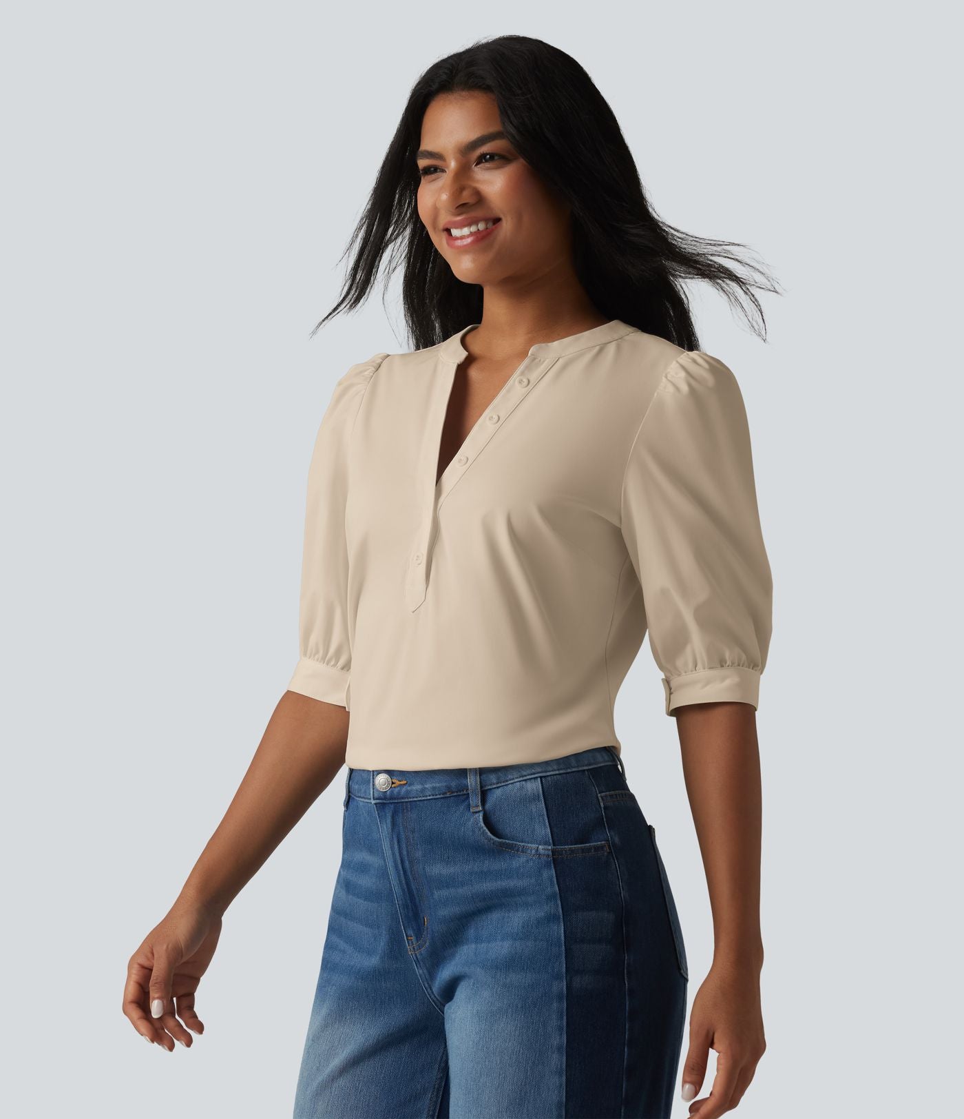 Blouse décontractée col Henley manches bouffantes mi-longues