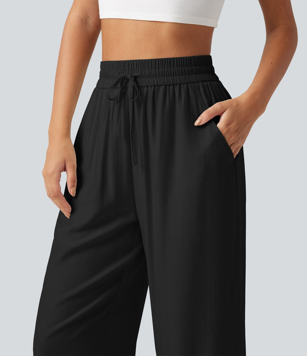 Pantalon large court taille haute en lin mélangé avec cordon de serrage et poches